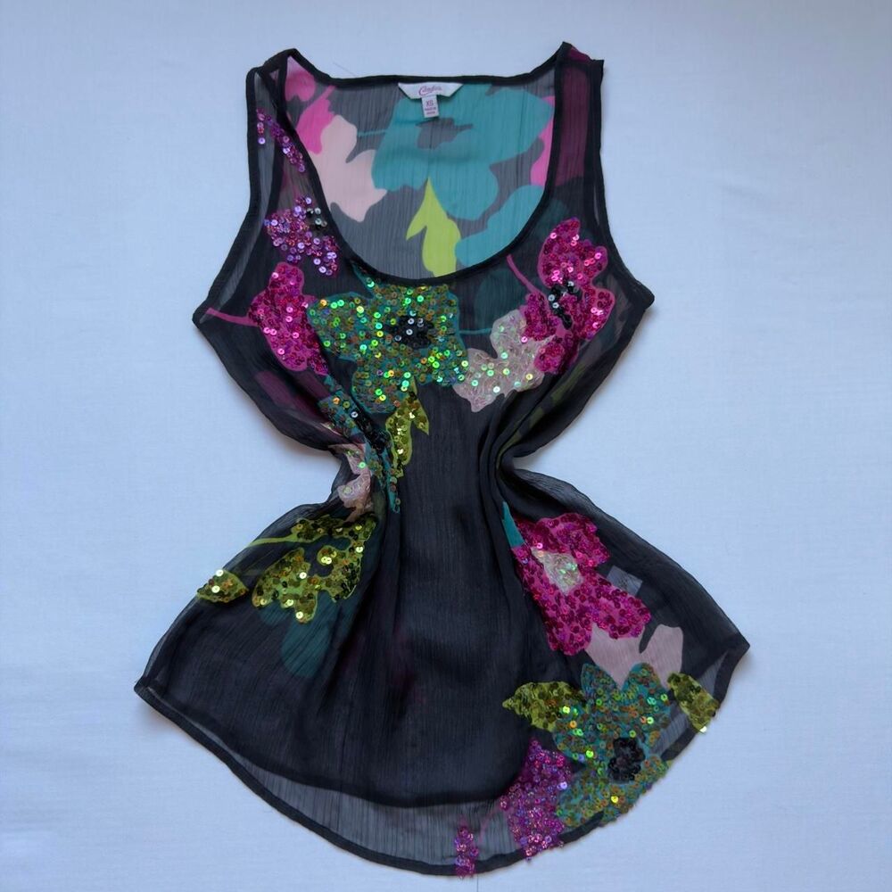 Candie’s Y2K Sheer Floral Sequin Tank Top XS
